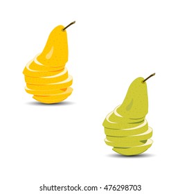 Abstract vector icon illustration logo for whole ripe fruit colorful pear, sliced half. Pear pattern consisting of card label, natural design sign tasty food. Eat sweet fresh fruits pears on health.