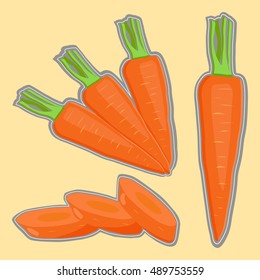 Abstract vector icon illustration logo for whole ripe vegetable yellow carrot, green stem leaf, cut slice on background. Carrot pattern consisting of label fruits, raw sweet food. Eat fresh carrots.