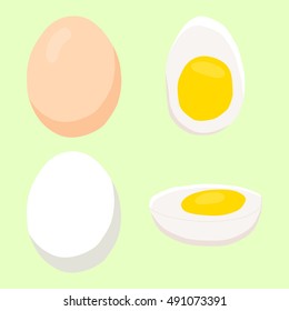 Abstract vector icon illustration of logo for whole chicken egg in a shell, cut sliced, purified half of boiled chicken eggs. Egg pattern consisting of fried omelet, eggshell birds, yolk with protein.