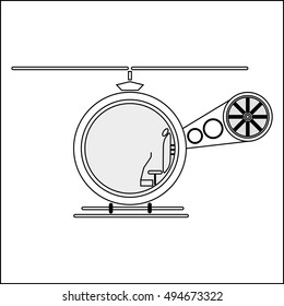 Abstract vector icon illustration of logo for transport helicopter closeup on white background. Helicopter drawing consisting of long propeller for pilot, transportation airport, vehicle airline.