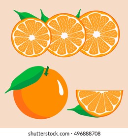 Abstract vector icon illustration logo for whole ripe fruit yellow orange, with green stem leaf, cut sliced. Orange pattern consisting of label, peel fruits, ripe sweet food. Eat fresh oranges health.