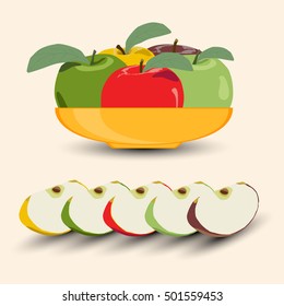 Abstract vector icon illustration logo for whole fruit apples lie in bowl, broad plate, green leaves. Apple pattern consisting of ripe sweet food, Bowl. Eat fresh raw fruits apple from bowls on health