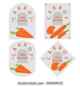 Abstract vector icon illustration logo for whole ripe vegetable yellow carrot, green stem leaf, cut slice on background. Carrot pattern consisting of label fruits, raw sweet food. Eat fresh carrots.