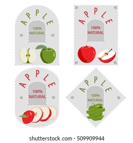 Abstract vector icon illustration logo for whole ripe fruit apple, green stem leaf, cut sliced half food. Apple pattern consisting of fruits label, raw sweet food. Eat fresh tasty apples on health.