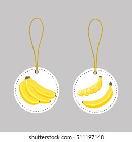 Abstract vector icon illustration logo for whole ripe yellow bananas branch, long stem, slice plantain. Banana pattern consisting of natural fruit label, sweet food. Eat tasty fresh banana on health.