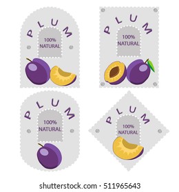 Abstract vector icon illustration logo for whole ripe fruit purple plum with green stem leaf, slice tasty meal. Plum pattern consisting of natural fruit label, sweet raw food. Eat fresh organic plums.