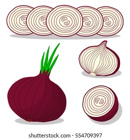 Abstract vector icon illustration logo for whole ripe vegetable round onion, green stem, cut sliced meal on background. Onion pattern consisting of label vegetables raw sweet food. Eat fresh onions.