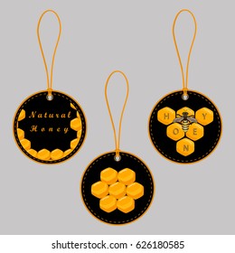 Abstract vector icon illustration logo for yellow honey, nectar of bee on honeycomb background. Honey pattern consisting of sweet natural product wild bees Honeycomb. Eat honeys honeycombs bumblebee.