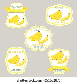 Abstract vector icon illustration logo for whole ripe yellow bananas branch, long stem, slice plantain. Banana pattern consisting of natural fruit label, sweet food. Eat tasty fresh banana on health.