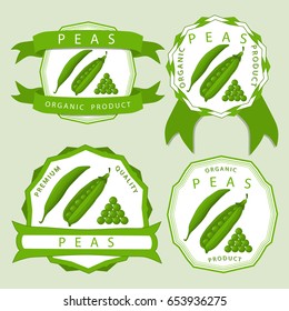 Abstract vector icon illustration logo for whole ripe vegetables round peas, green stem leaf, cut sliced on white background. Pea pattern consisting of label, peel pip, rope food. Eat fresh raw pea.