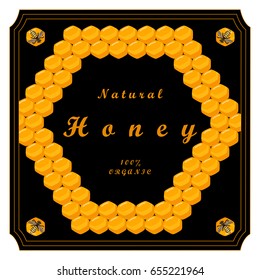 Abstract vector icon illustration logo for yellow honey, nectar of bee on honeycomb background. Honey pattern consisting of sweet natural product wild bees Honeycomb. Eat honeys honeycombs bumblebee.