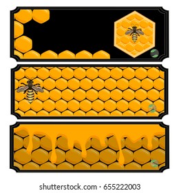 Abstract vector icon illustration logo for yellow honey, nectar of bee on honeycomb background. Honey pattern consisting of sweet natural product wild bees Honeycomb. Eat honeys honeycombs bumblebee.