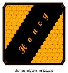 Abstract vector icon illustration logo for yellow honey, nectar of bee on honeycomb background. Honey pattern consisting of sweet natural product wild bees Honeycomb. Eat honeys honeycombs bumblebee.