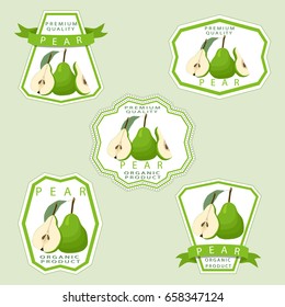 Abstract vector icon illustration logo for whole ripe fruit colorful pear, sliced half. Pear pattern consisting of card label, natural design sign tasty food. Eat sweet fresh fruits pears on health.