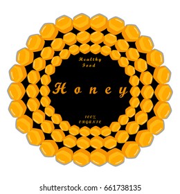 Abstract vector icon illustration logo for yellow honey, nectar of bee on honeycomb background. Honey pattern consisting of sweet natural product wild bees Honeycomb. Eat honeys honeycombs bumblebee.