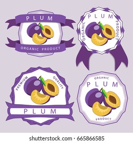 Abstract vector icon illustration logo for whole ripe fruit purple plum with green stem leaf, slice tasty meal. Plum pattern consisting of natural fruit label, sweet raw food. Eat fresh organic plums.