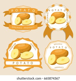Abstract vector icon illustration logo for whole vegetable potato, sliced baked foods. Potato pattern consisting of ripe boiled stewed food, steamed fries, raw fried chips. Boiled vegetables potatoes.