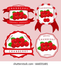 Abstract vector icon illustration logo for whole ripe berry red cranberry, green leaf on fruit background. Cranberry pattern consisting of label natural food. Eat fresh berries cranberries on health.