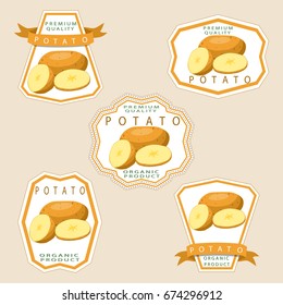 Abstract vector icon illustration logo for whole vegetable potato, sliced baked foods. Potato pattern consisting of ripe boiled stewed food, steamed fries, raw fried chips. Boiled vegetables potatoes.
