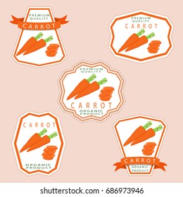 Abstract vector icon illustration logo for whole ripe vegetable yellow carrot, green stem leaf, cut slice on background. Carrot pattern consisting of label fruits, raw sweet food. Eat fresh carrots.