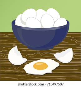 Abstract vector icon illustration of logo for whole white chicken egg in shell, purified half of boiled chicken eggs in bowl. Bowl pattern consisting of eggshell birds, bowls yolk with protein Egg.