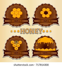 Abstract vector icon illustration logo for yellow honey, nectar of bee on honeycomb background. Honey pattern consisting of sweet natural product wild bees Honeycomb. Eat honeys honeycombs bumblebee.
