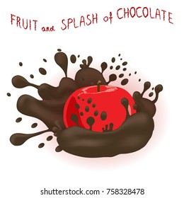 Abstract vector icon illustration logo for whole ripe fruit apple, splash of drop brown chocolate.Apple pattern consisting of splashes drip flow liquid Chocolate.Eat sweet fruits apples in chocolates.