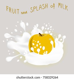 Abstract vector icon illustration logo for whole ripe fruit yellow apple, splash of drop white milk. Apple pattern consisting of splashes drip flow liquid Milk. Eat sweet fruits apples in milks.