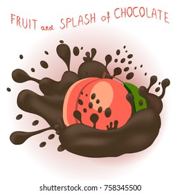 Abstract vector icon illustration logo for whole ripe fruit peach, splash of drop brown chocolate.Peach pattern consisting of splashes drip flow liquid Chocolate.Eat sweet fruits peaches in chocolates