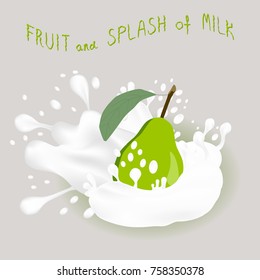Abstract vector icon illustration logo for whole ripe fruit green pear and splash of drop white milk. Pear pattern consisting of splashes drip flow liquid Milk. Eat sweet fruits pears in milks.