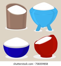 Abstract vector icon illustration of logo for theme set sweet crystal powder sugar in bowls. Sugar pattern consisting of bowl with ingredient sand for coffee, tea. Eat fresh sugars in colorful Bowl.