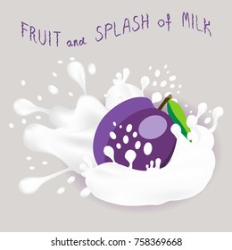 Abstract vector icon illustration logo for whole ripe fruit purple plum and splash of drop white milk. Plum pattern consisting of splashes drip flow liquid Milk. Eat sweet fruits plums in milks.