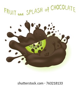 Abstract vector icon illustration logo for whole ripe fruit green kiwi, splash of drop chocolate. Kiwi pattern consisting of splashes drip flow liquid Chocolate. Eat sweet fruits kiwis in chocolates.