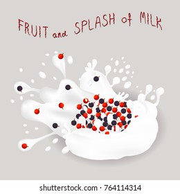 Abstract vector icon illustration logo for ripe berry red currant, splash of drop white milk. Currant pattern consisting of splashes drip flow liquid Milk. Eat sweet berries black currants in milks.