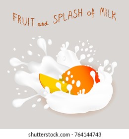 Abstract vector icon illustration logo for whole ripe exotic fruit colorful mango, splash of drop white milk. Mango pattern consisting of splashes drip flow liquid Milk. Eat fruits mangoes in milks.