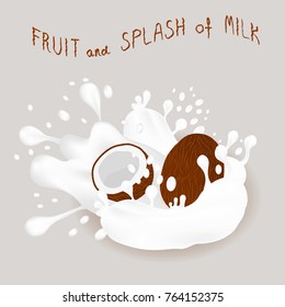 Abstract vector icon illustration logo for ripe exotic fruit nut coconut, splash of drop white milk. Coconut Nut pattern consisting of splashes drip flow liquid Milk. Eat fruits nuts coconuts in milks