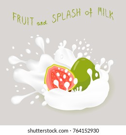 Abstract vector icon illustration logo for whole ripe exotic fruit guava, splash of drop white milk. Guava pattern consisting of splashes drip flow liquid Milk.Eat sweet exotics fruits guavas in milks