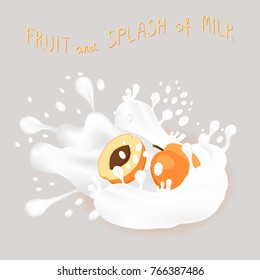 Abstract vector icon illustration logo for whole ripe fruit yellow apricot, splash of drop white milk. Apricot pattern consisting of splashes drip flow liquid Milk. Eat sweet fruits apricots in milks.