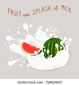 Abstract vector icon illustration logo for whole ripe berry red watermelon, splash of drop white milk. Watermelon pattern consisting of splashes drip flow liquid Milk. Eat fruits watermelons in milks.