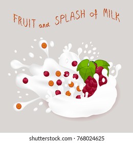 Abstract vector icon illustration logo for whole ripe berry red branch grape, splash of drop white milk. Grape pattern consisting of splashes drip flow liquid Milk. Eat sweet berries grapes in milks.