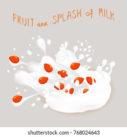 Abstract vector icon illustration logo for ripe berry red rose hip, splash of drop white milk. Rose Hip pattern consisting of splashes drip flow liquid Milk. Eat sweet berries rosa hips in milks.