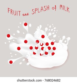 Abstract vector icon illustration logo for ripe berry red cranberry, splash of drop white milk. Cranberry pattern consisting of splashes drip flow liquid Milk.Eat sweet berries cranberries in milks