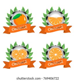 Abstract vector icon illustration logo whole ripe citrus fruit orange, slice half. Orange pattern consisting of card label, natural design tropical food. Eat sweet fresh citrus fruits exotic oranges.