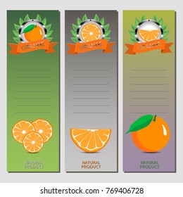 Abstract vector icon illustration logo whole ripe citrus fruit orange, slice half. Orange pattern consisting of card label, natural design tropical food. Eat sweet fresh citrus fruits exotic oranges.