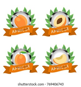 Abstract vector icon illustration logo for whole ripe fruit yellow apricot, slice half veg. Apricot pattern consisting of card label, natural sign vegan food.Eat sweet fresh raw fruits exotic apricots