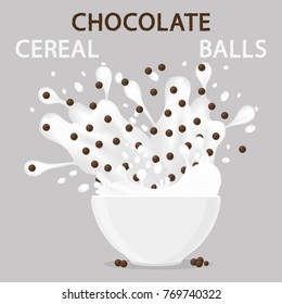 Abstract vector icon illustration logo for white milk cereal in bowl, chocolate flakes balls. Cereal pattern consisting of bowls, plate is filled with various breakfasts. Eat breakfast cereals in Bowl