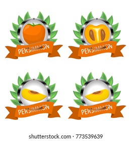 Abstract vector icon illustration logo for whole ripe citrus fruit orange persimmon, slice half. Persimmon pattern consisting of card label, natural sign design food. Eat sweet fresh fruits persimmons