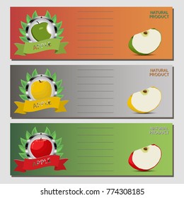 Abstract vector icon illustration logo for whole ripe fruit colorful apple, slice half. Apple pattern consisting of card label, natural design sign tasty food. Eat sweet fresh fruits apples on health.