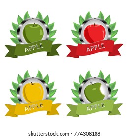 Abstract vector icon illustration logo for whole ripe fruit colorful apple, slice half. Apple pattern consisting of card label, natural design sign tasty food. Eat sweet fresh fruits apples on health.