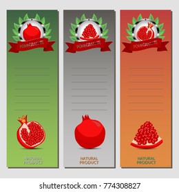 Abstract vector icon illustration logo for whole ripe red fruit pomegranate, slice half garnet. Pomegranate pattern consisting of card label,natural sign garnets.Eat sweet fresh pomegranates on health